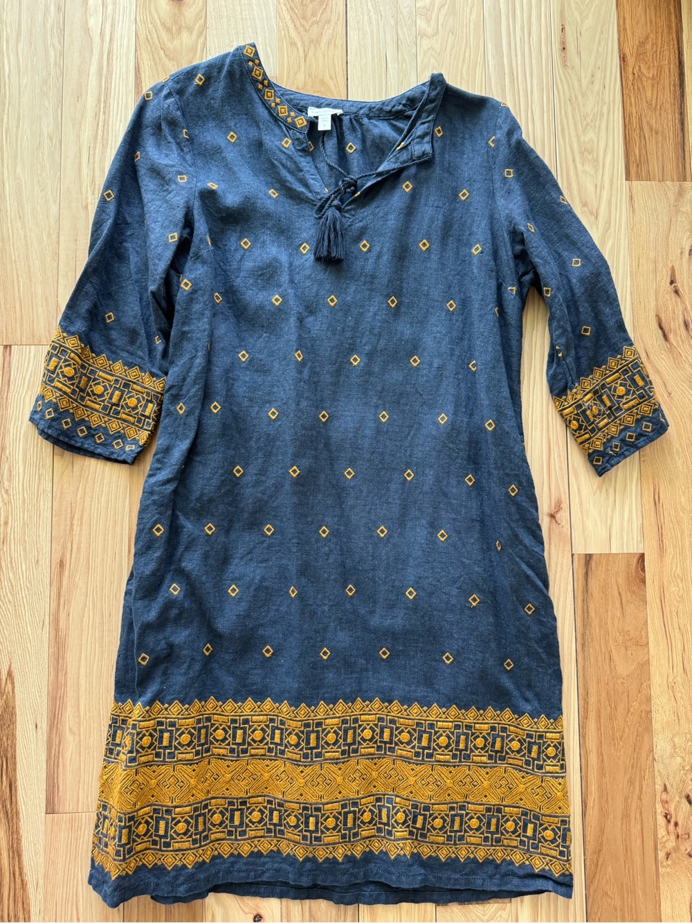 Garnet Hill 100% Linen Navy Tunic Midi Dress with Mustard Embroidery